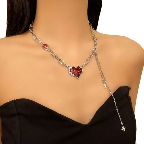 Gothic Style Red Heart Tassel Chain Necklace Versatile Accessory For Women Trendy Design Alloy Material Electric Plating Process