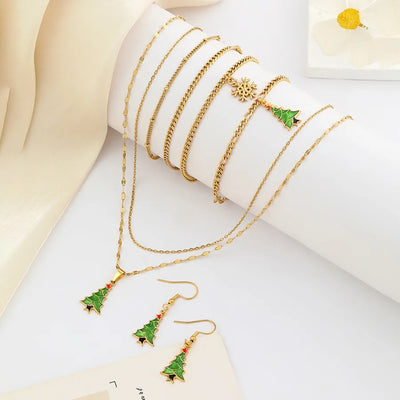 Sweet Christmas Tree Jewelry Set for Women in Titanium Steel with Enamel Finish, Featuring Cuban Link Chain