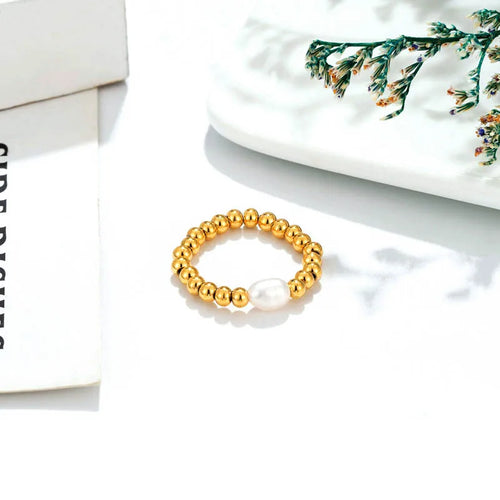 Geometric Simple Style Women’s Rings in Titanium Steel with 14K Real Gold Electroplated Finish and Freshwater Pearl Inlay
