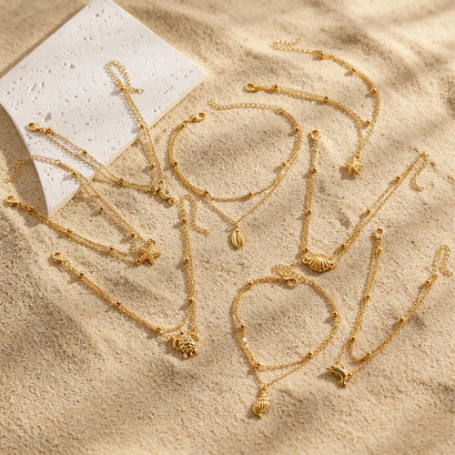 Asymmetrical Marine Style Anklet for Women with Starfish Pattern, KC Golden Plated Alloy, 0.03µm Coating Thickness
