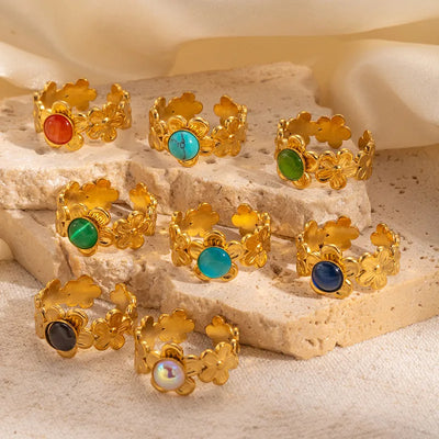 Retro Floral Color Gemstone Ring Natural Stone Stainless Steel Multi-Color Open Ring Popular Jewelry Bohemian Style Sweet Craft