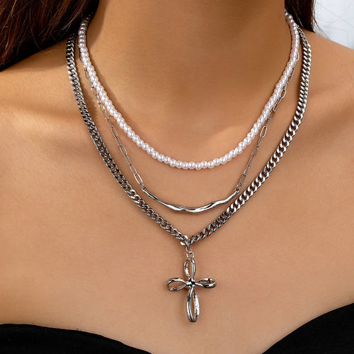 Gold Plated Cross Necklace For Women Featuring Pearl Inlay and Beaded Chain in Zinc Alloy