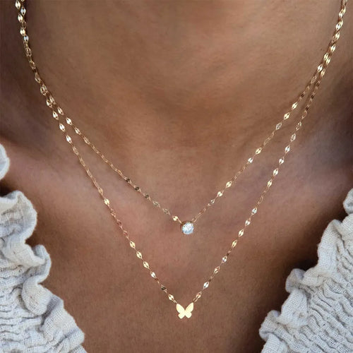 Butterfly Double Layer Necklace for Women with Electroplated Alloy Pendant Featuring Rhinestones