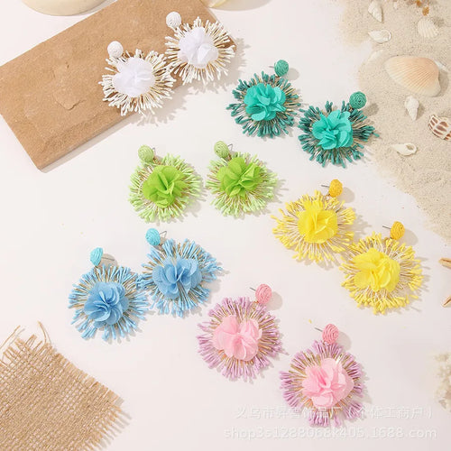 Handmade Bohemian White Raffia Flowers Earrings with 304 Stainless Steel Studs for Women