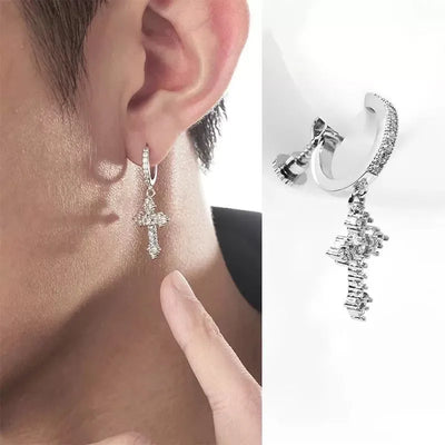 Trendy Micro-Set Full Zircon Rhombus Cross Ear Cufflinks Unisex No-Piercing Earrings Luxury Style Geometric Pattern Copper