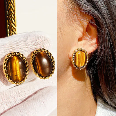 Vintage High-End Natural Tiger Eye Stone 24K Gold Plated Brass Universal Electroplated Earrings Braided Gold Edge Line Oval Earrings Women's Jewelry 769